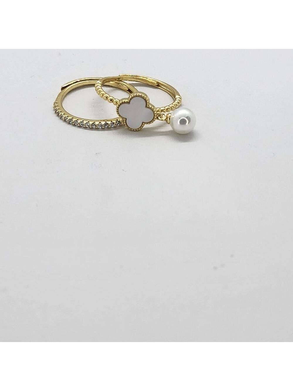 Brand New Sterling Silver 925 White Opal Clover Pearl 2 pc Ring - Picture 5 of 5